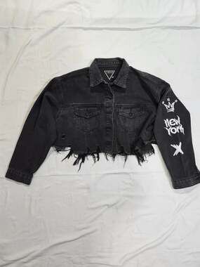 Trio Urban New York Rhinestone Distressed Cropped Denim Jacket